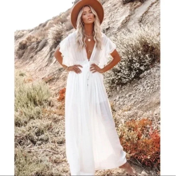 SOLD OUT White Boho Gauze Semi Sheer Button Maxi Casual Vacation Dress - Picture 4 of 7